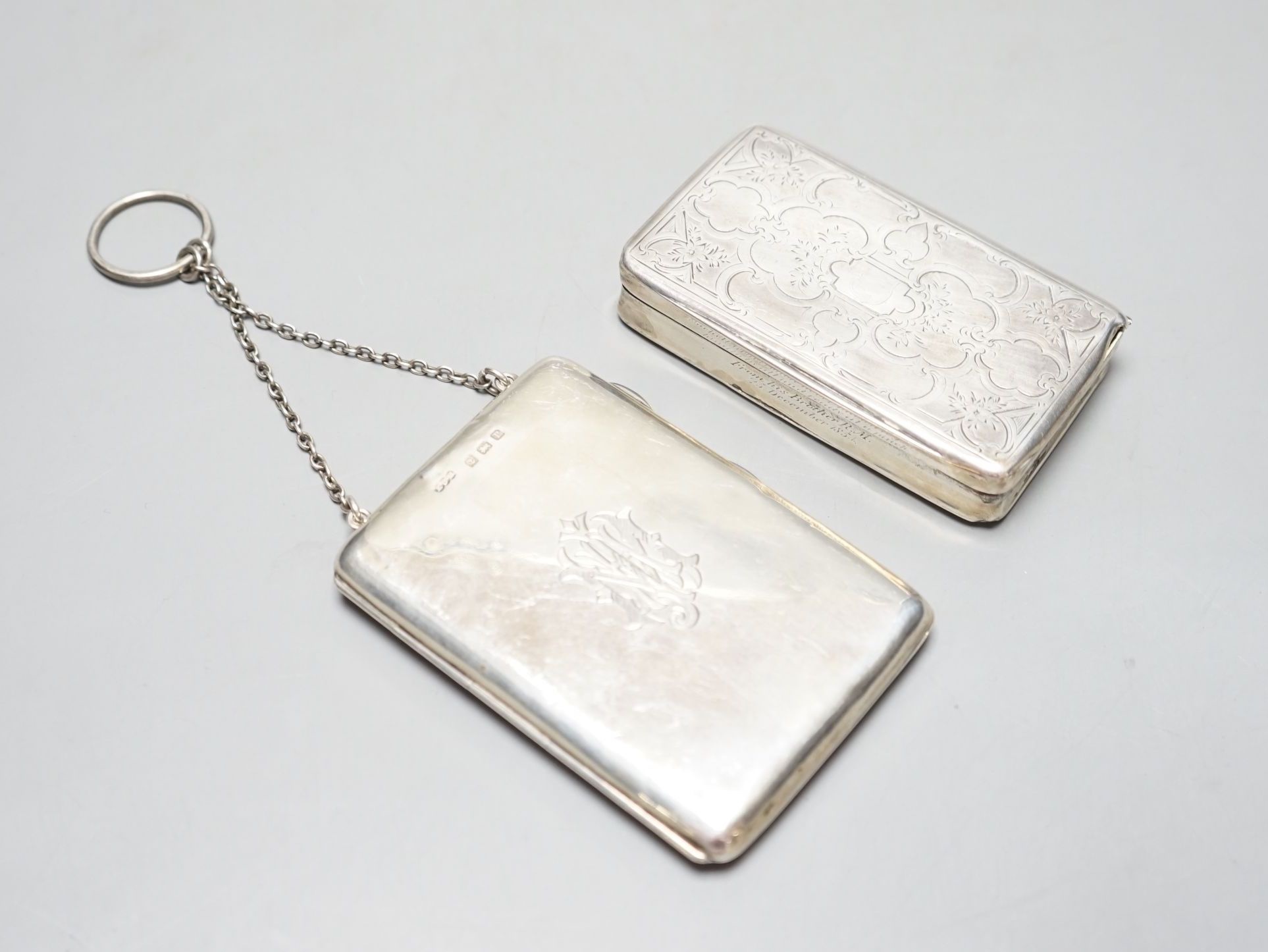 A Dutch white metal snuff box, 92mm and a George V silver card case/purse, Birmingham, 1916.